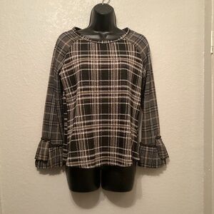 Hannah Black and Cream Checkered Blouse with Ruffle Cuffs S